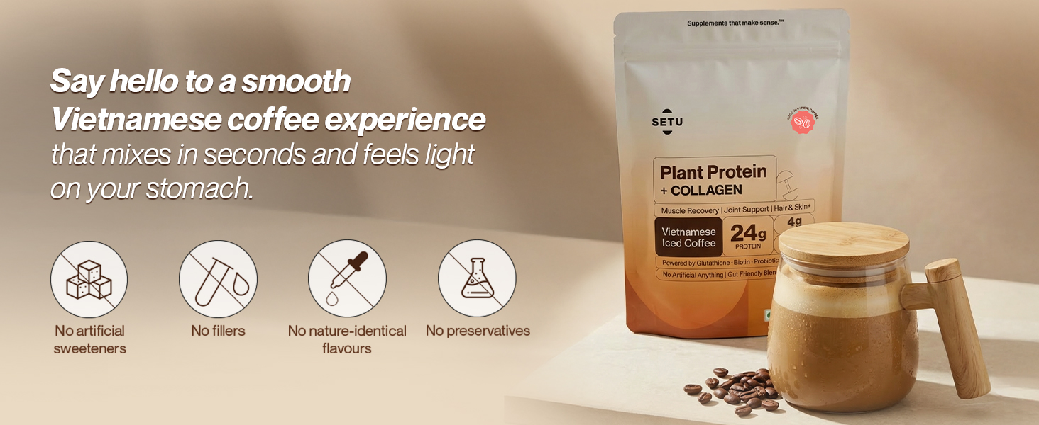 Setu Plant Protein + Veg Collagen | 24g Protein with Glutathione & Biotin | Pea & Rice Isolate | For Muscle, Skin & Hair | (Pack of 6 Single Serve Sachets)