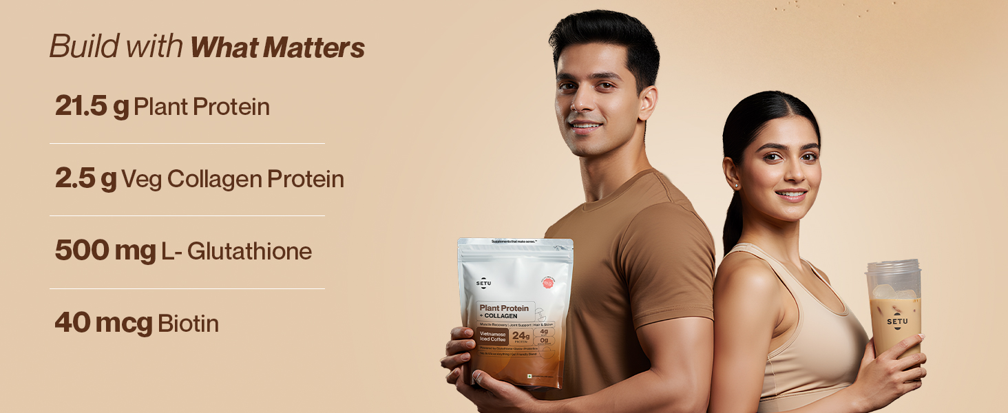 Setu Plant Protein + Veg Collagen | 24g Protein with Glutathione & Biotin | Pea & Rice Isolate | For Muscle, Skin & Hair | (Pack of 6 Single Serve Sachets)