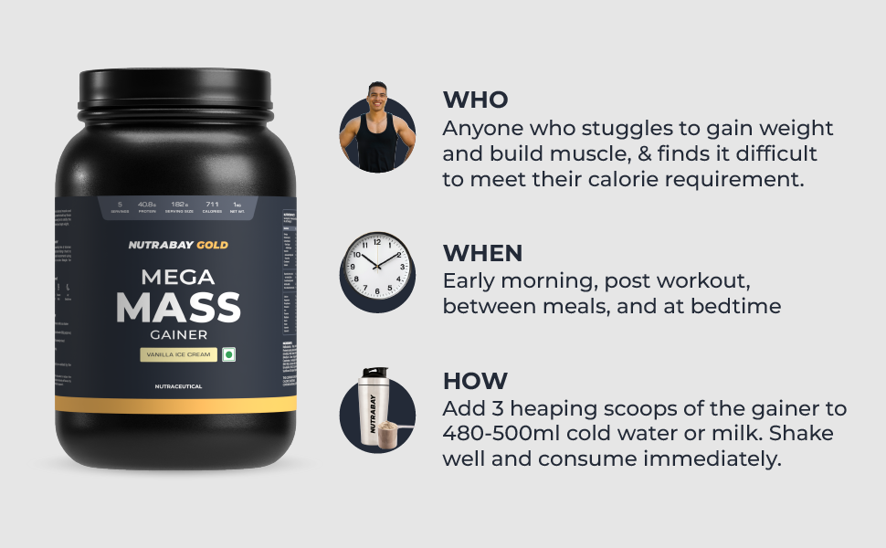 Nutrabay Gold Mega Mass Gainer Powder - 1kg, Rich Chocolate Creme | 100% Veg | 40.7g Protein, 122g Carbs, 714 Calories | Muscle Building & Weight Gainer Supplement for Men & Women
