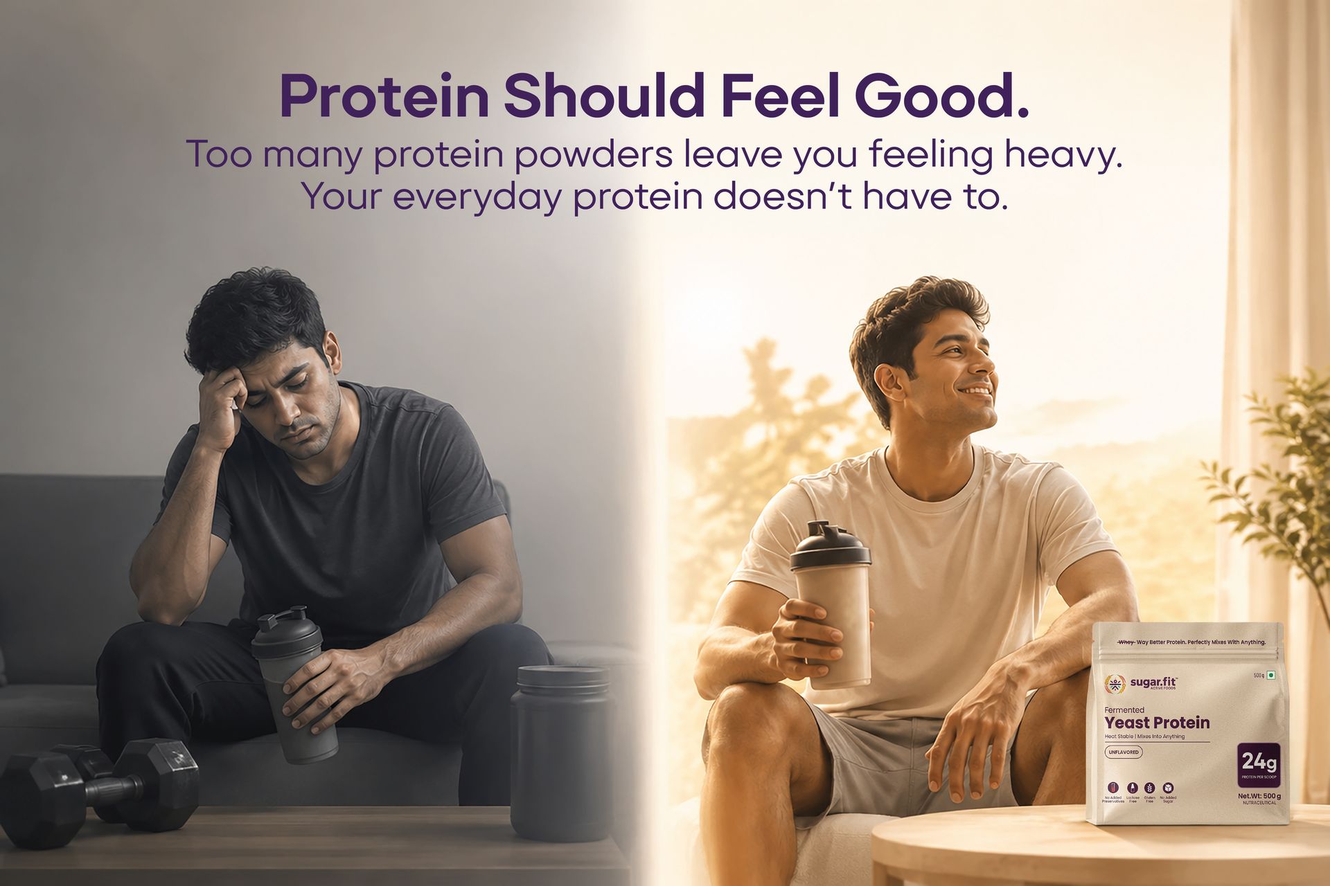 Sugar.fit | Active Foods Fermented Yeast Protein Powder, Unflavored, 24g Protein per Scoop, Heat Stable, Gluten Free, Lactose Free, No Added Sugar, Vegan, 500g (Pack of 2)