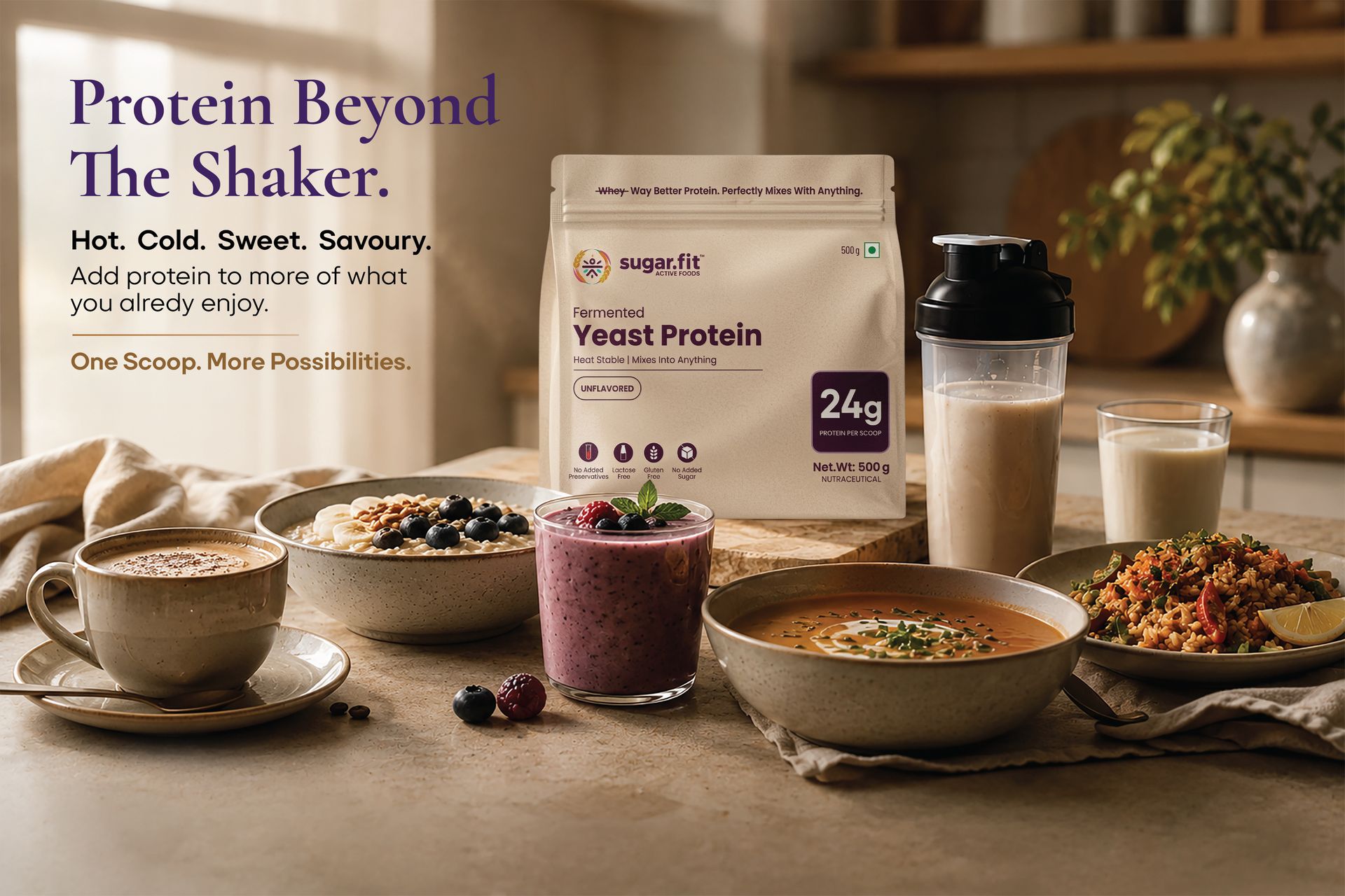 Sugar.fit | Active Foods Fermented Yeast Protein Powder, Unflavored, 24g Protein per Scoop, Heat Stable, Gluten Free, Lactose Free, No Added Sugar, Vegan, 500g (Pack of 2)