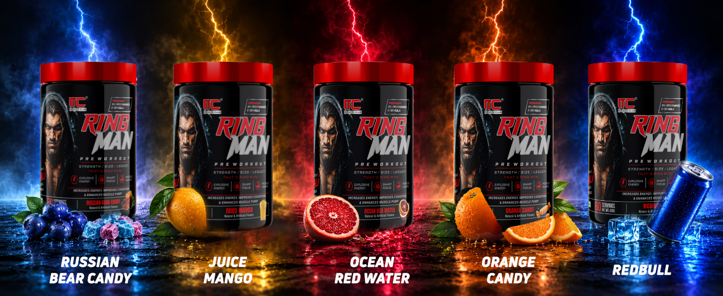 Muscle Club Ring Man Pre Workout Ocean Red Water Flavour | AMP Powered | By The Great Khali | High Stim Pre workout with 2000mg Beta-Alanine & 200mg Caffeine | Energy & Focus Booster