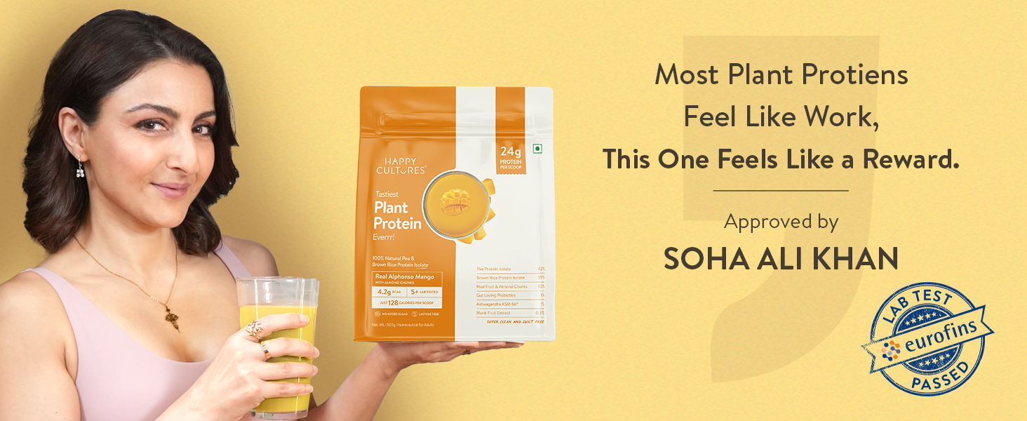 Happy Cultures 24g Tastiest Plant Protein| Real Alphonso Mango, Almond Chunks & Ashwagandha (KSM 66) |Pea & Brown Rice Protein Isolate| No Added Sugar| Vegan| 20 Complete Amino Acids | Monk Fruit Extract| Women & Men| No Bloating, Easy to Digest| Dairy Free with Probiotics - 505g