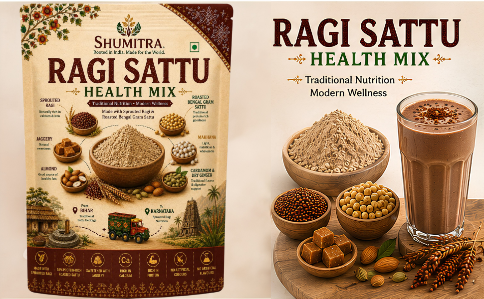 Ragi Sattu Drink Mix 450g | Roasted Bengal Gram with Sprouted Ragi, Makhana & Almond | Jaggery Sweetened Health Drink | No Refined Sugar | No Preservatives