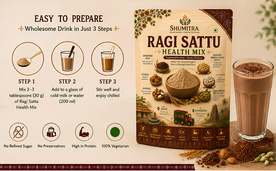 Ragi Sattu Drink Mix 450g | Roasted Bengal Gram with Sprouted Ragi, Makhana & Almond | Jaggery Sweetened Health Drink | No Refined Sugar | No Preservatives