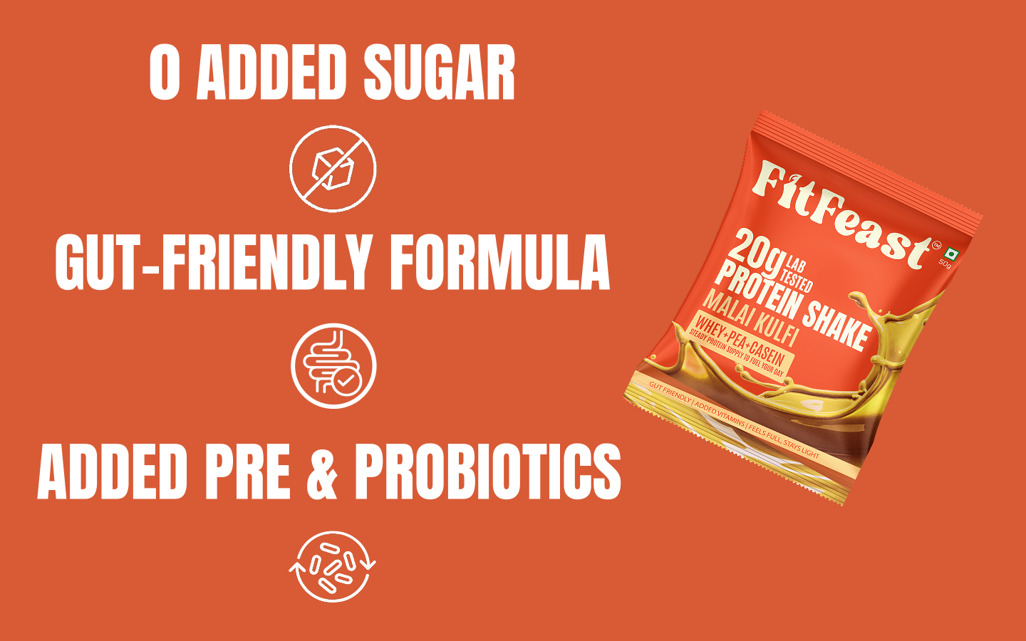 FitFeast Protein Shake Sachet - Pack of 7 | 20g Triple Blend Protein Per Serve| 45:35:20 Whey, Pea & Casein Blend | No Maltodextrin | 0 Added Sugar | As Seen on Shark Tank (Malai Kulfi)