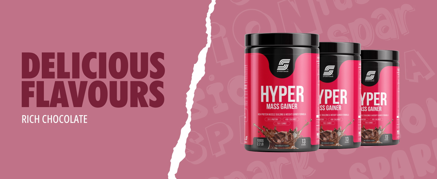 Sparkfusion Hyper Mass Gainer High Protein Muscle Building & Weight Gainer Formula | 16.8g Protein,58.80g Carbs,306 Calories With Milk for Muscle Support & Muscle Mass Gain | 1000 Gm | Chocolate Flavour