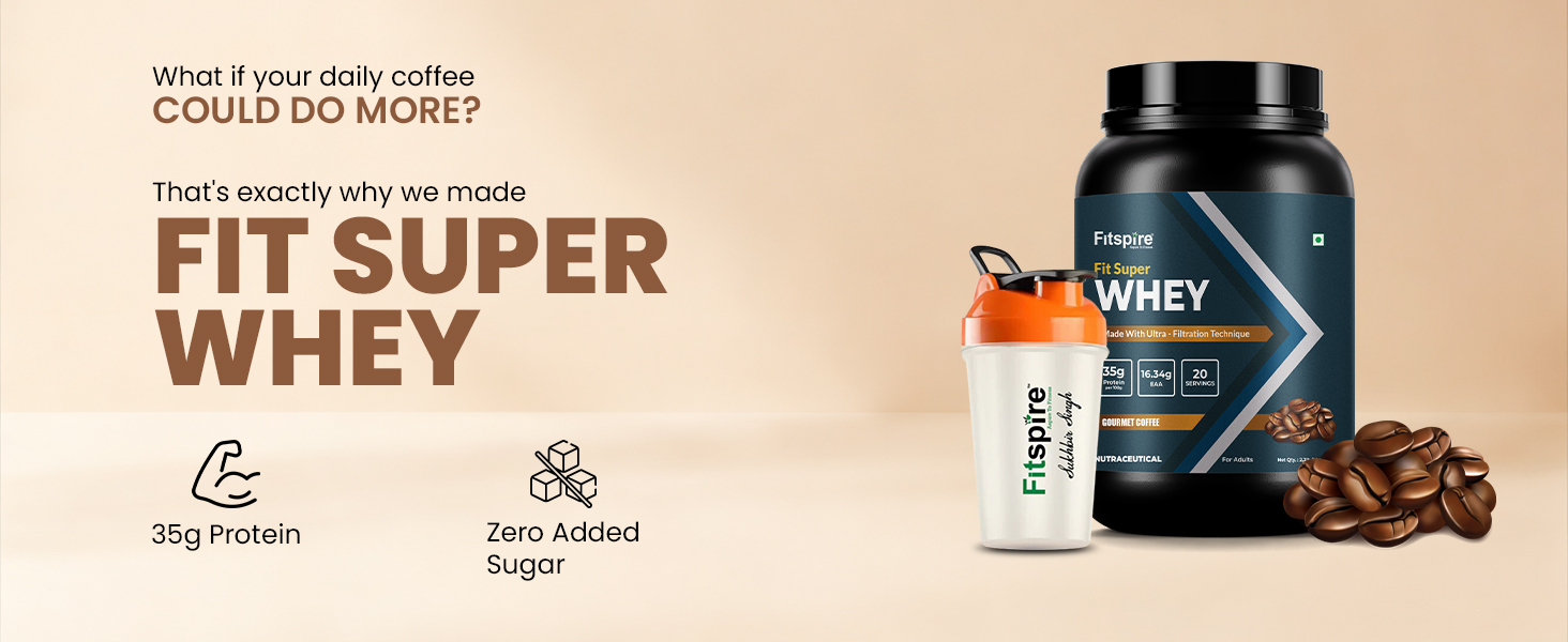 Fitspire Fit Super Whey Protein Powder with Shaker, Gourmet Coffee Flavour, 1kg - Whey Isolate and Concentrate Blend - 35g Protein per 100g - Digestive Enzymes - Supports Muscle Growth and Recovery - Zero Added Sugar