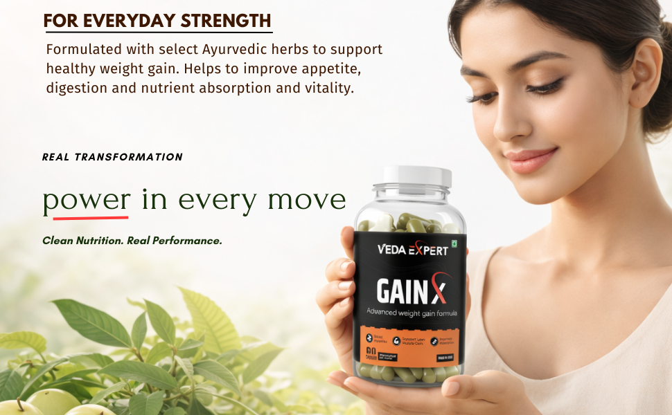 GAIN X -Advanced Weight Gainer Supplement | Supports Lean Muscle Growth & Appetite Booster with Ashwagandha, Vidarikand & Safed musli | Natural & Ayurvedic, 60 Capsules for Men & Women |
