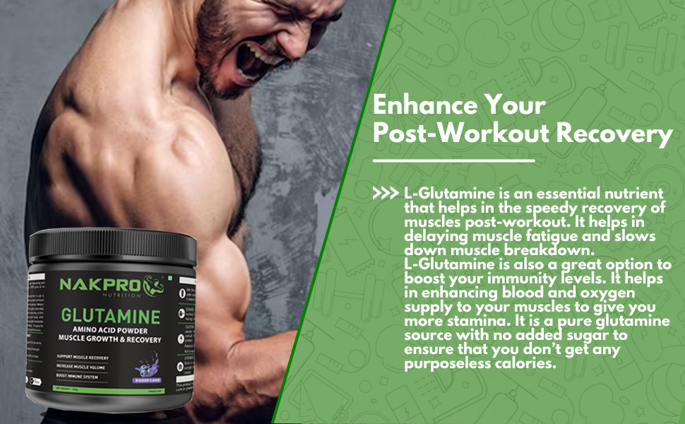 Nakpro L-Glutamine Powder - JAR | 4g Glutamine Per Serving, 50 Servings | Post Workout Amino Acid Protein Supplement for Muscle Growth and Recovery (Unflavoured, 250g)
