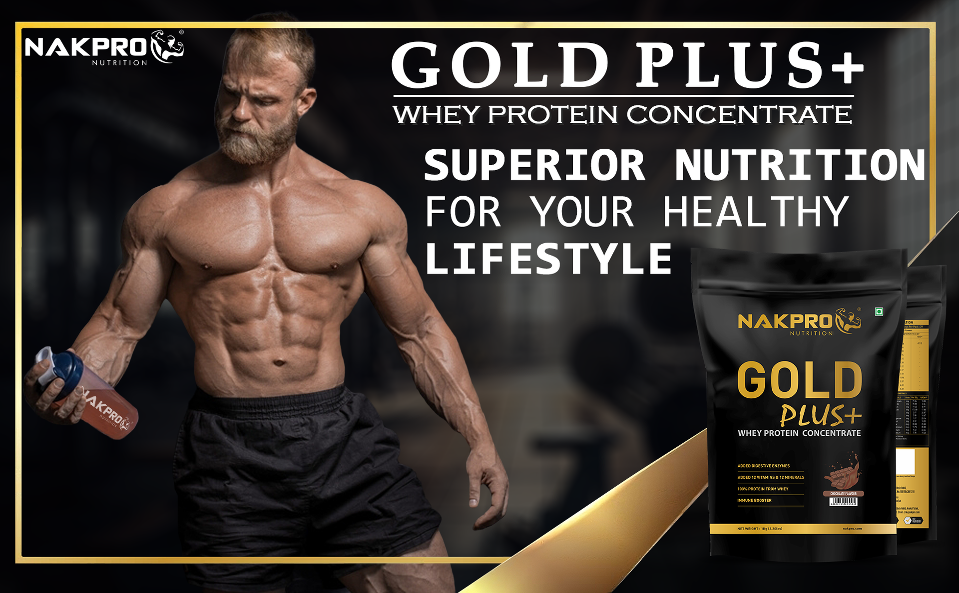NAKPRO NUTRITION Gold Plus+ Whey Protein Concentrate | 1kg Chocolate | 25.46g Protein |Trustified Certified with Digestive Enzymes, Vitamins & Minerals