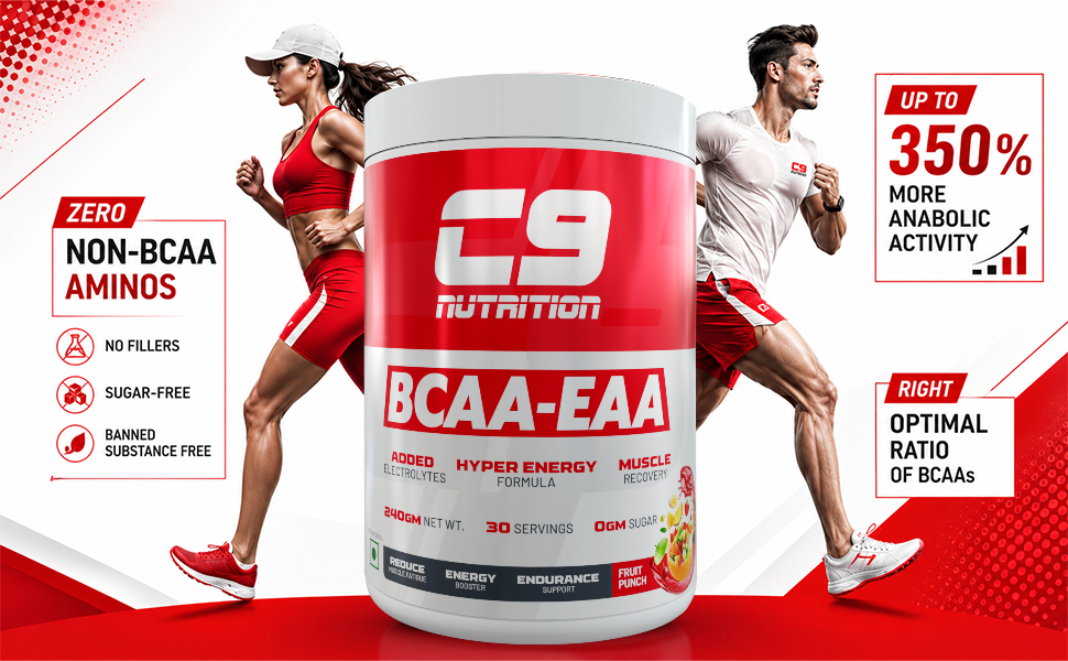 C9 NUTRITION BCAA EAA Powder with 5000mg BCAA, 9000mg EAA & 500mg L-Arginine | Sugar-Free Amino Acid Supplement with Electrolytes for Workout & Muscle Recovery | 30 Servings, Watermelon Flavour