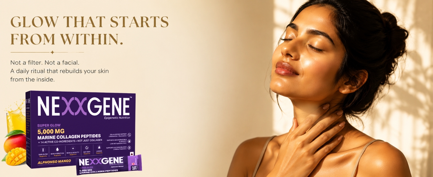 Super Glow | Skin Radiance Drink Mix | 5000mg Hydrolyzed Marine Collagen Peptides Type I & III, +14 Active Ingredients | Astaxanthin, Hyaluronic Acid, Resveratrol, 5 Billion CFUs Probiotics | Alphonso Mango Flavour | 14 Sachets | 2 Weeks Supply