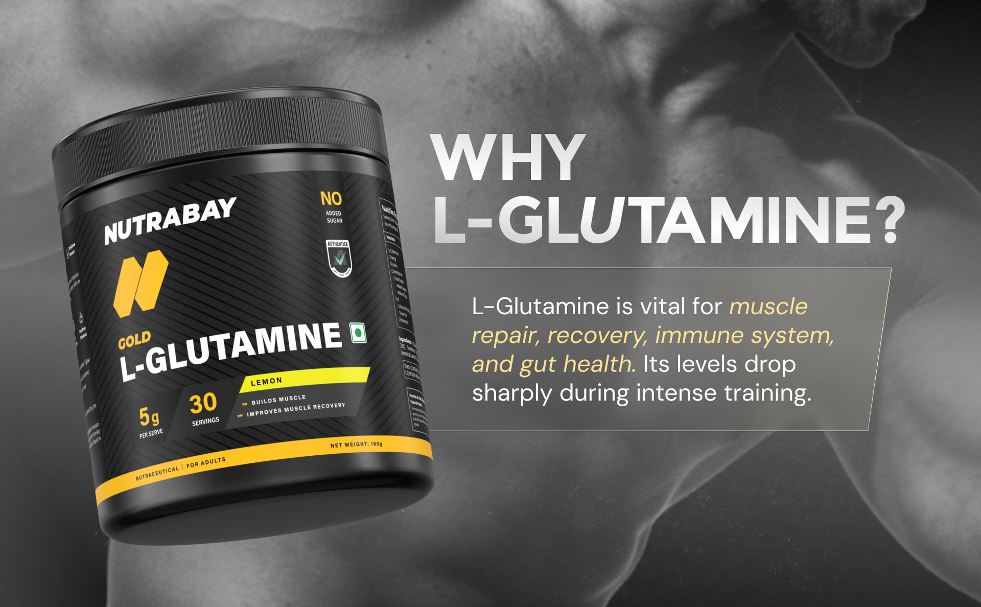 Nutrabay Gold L-Glutamine Supplement Powder 180g, Lemon Flavor – Post Workout Amino Acid for Muscle Growth & Recovery | 100% Authentic Supplement | No Banned Substances | Tested for Purity