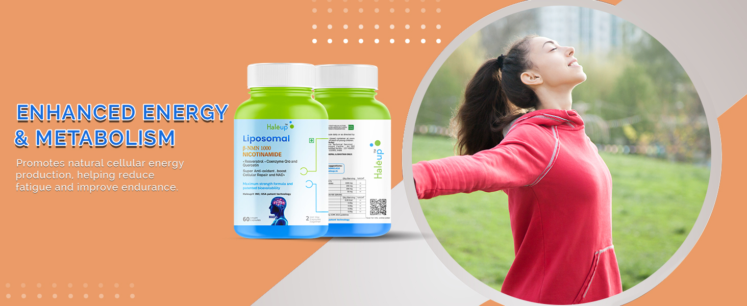 Haleup Liposomal NMN 1000 mg 3-in-1 Formula, Enriched with Resveratrol, Quercetin and CoQ10 |99.9% Pure |Healthy Ageing|Cellular Repair|Boost NAD+| Energy Levels| Skin Health (Pack of 4)