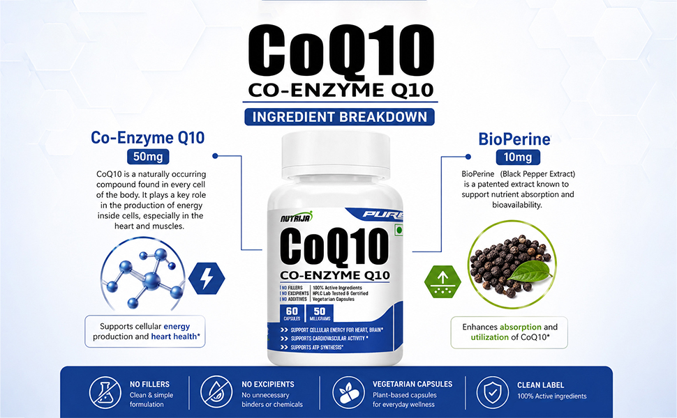 NutriJa CoQ10 (Co-Enzyme Q10) 50mg - 60 Veg Capsules | With Bioperine for Enhanced Absorption | Heart & Brain Health Support | Pure Co-Enzyme Q10