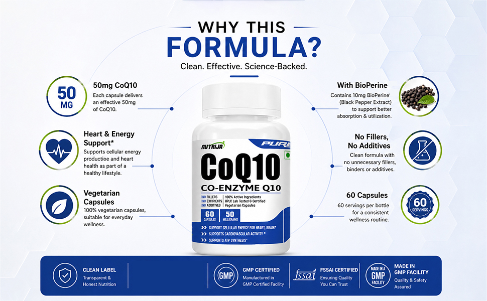 NutriJa CoQ10 (Co-Enzyme Q10) 50mg - 60 Veg Capsules | With Bioperine for Enhanced Absorption | Heart & Brain Health Support | Pure Co-Enzyme Q10