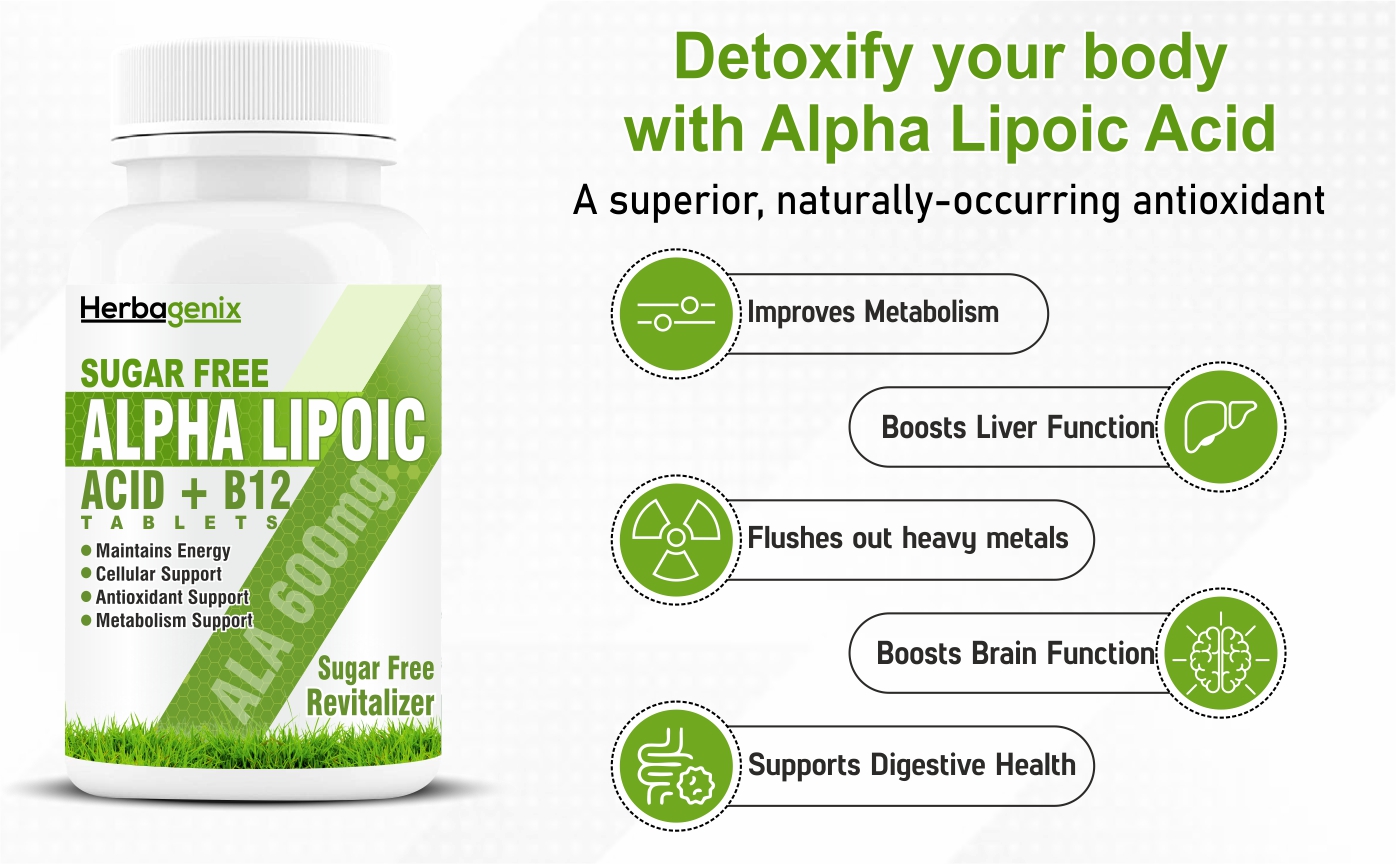 Alpha Lipoic Acid 600mg - ALA with Vitamin B12 Supplements for Nerves and Good Health 60 Tab (99% A Lipoic)