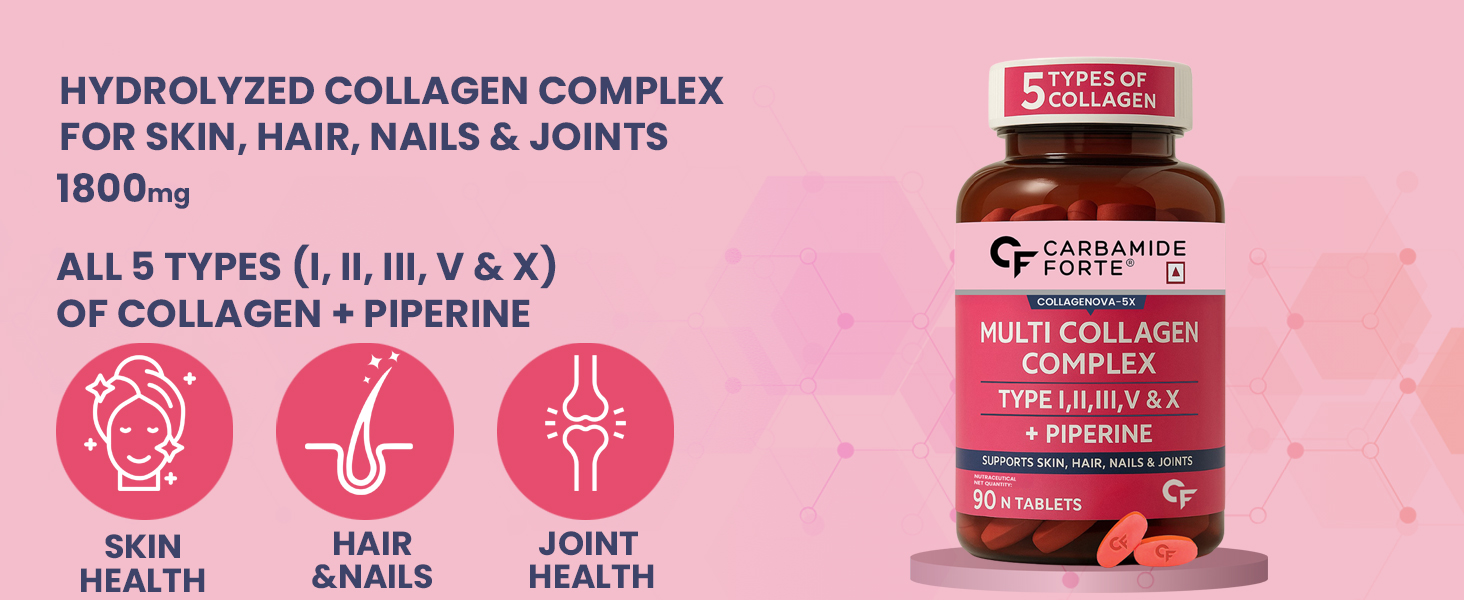 Carbamide Forte Hydrolyzed Multi Collagen Tablets | 5 Types I, II, III, V & X Collagen Powder for Joint Support & Glowing Skin | Collagen Supplements for Women & Men - 90 Tablets (Pack of 2)