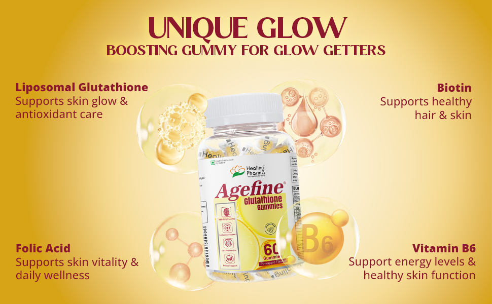 Healing Pharma - Agefine Glutathione Gummies | Liposomal Glutathione 50mg + Biotin + Folic Acid & Zinc | Skin Brightening, Antioxidant & Detox Support | No Added Sugar | Gluten Free | 60 Veg Gummies – Pineapple Flavour