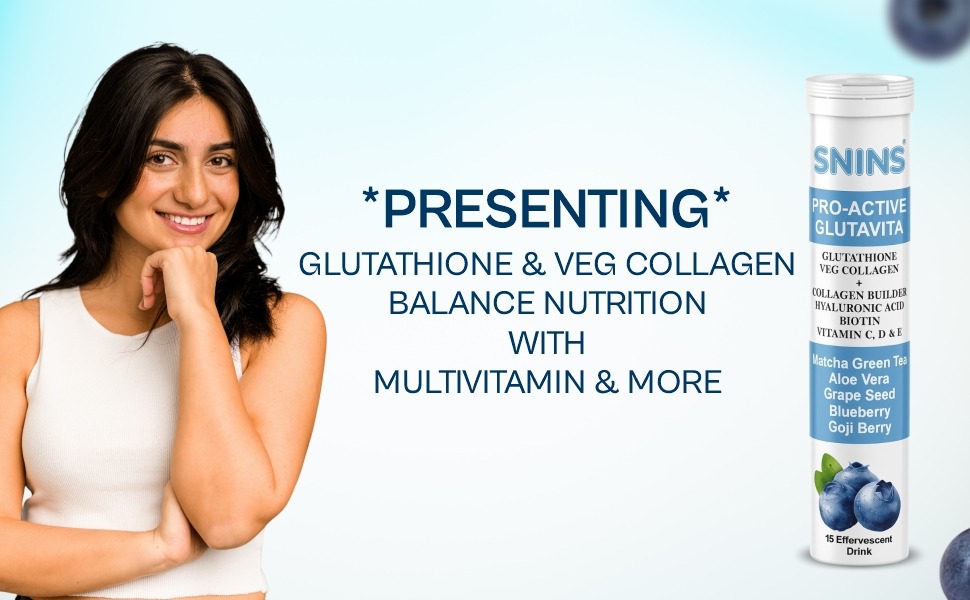 Pro Active Glutavita Glutathione 500 mg and Pure Veg Collagen 500 mg – 15 Effervescent Drink with Biotin, lycopene, Hyaluronic Acid, Vitamins C, D & E for Skin, Hair, Joints & Immune Support