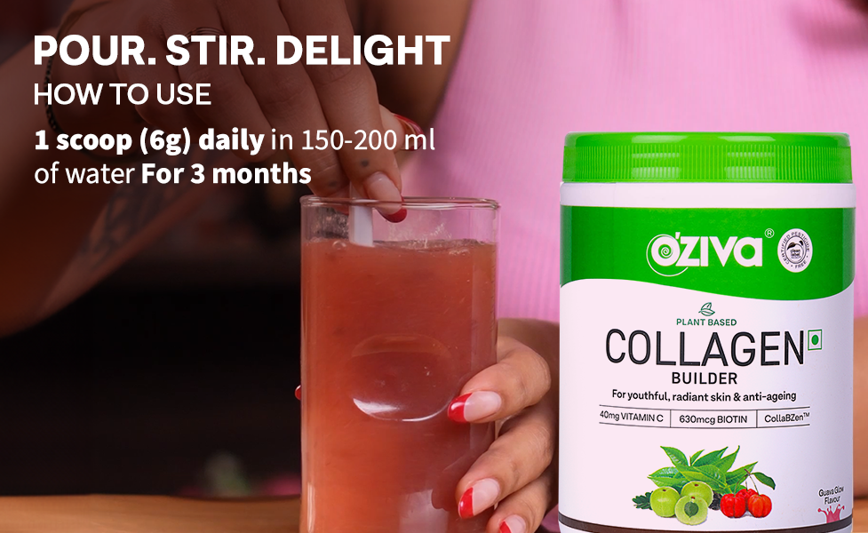 OZiva Vegan Collagen Powder, Skin, Hair & Nails, Biotin, Guava Glow, 200g