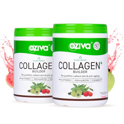 OZiva Vegan Collagen Powder, Skin, Hair & Nails, Biotin, Guava Glow, 200g