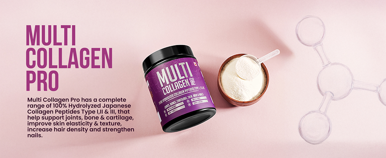 Multi Collagen Pro | 100% Hydrolyzed Japanese Marine Collagen Peptides (Type I, II & III) | No Sugar, No Foul Smell | 240g | Orange Flavour