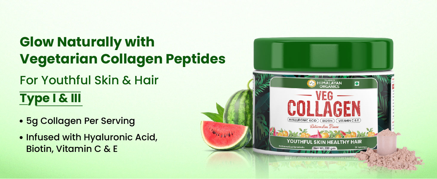 Vlado's Himalayan Organics Vegan Collagen supplements -Advanced Marine Collagen Peptides -with all 5 TYPE I, II, III, V, X - Plant-Based - Active Collagens with Biotin,Hyaluronic Acid ,Vitamin C & E - Healthy Skin, Hair & Nails - Skin Radiance - Clinically Proven - Made with Japanese technology - Reduce Pigmentation, Dark Spots & Brighten Skin Tone - For Women & Men - 100 Grams ( Watermelon Flavor )