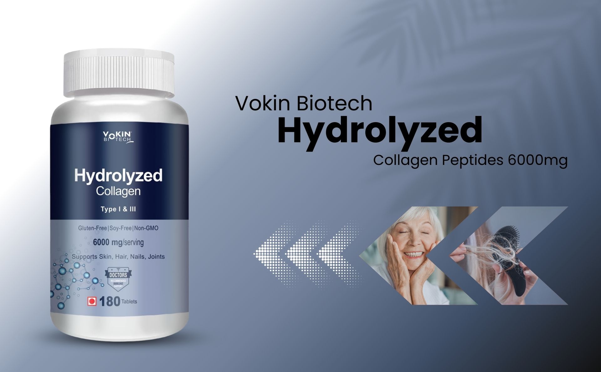 Vokin Biotech Hydrolyzed Collagen Peptides 6000 Mg With Type 1 & 3 Supports Skin,Hair,Nails & Joints (180 Tablets),1 Count