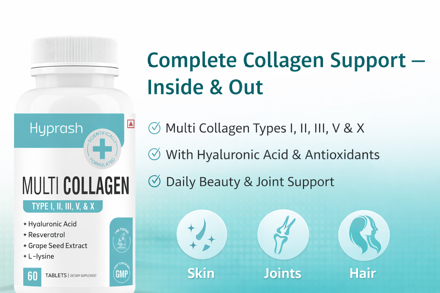 Multi Collagen Supplements for Glowing skin - Hydrolyzed Peptides (Type I, II, III, V, X) for Skin, Hair, and Joint Health 60 Tablets (Collagen)
