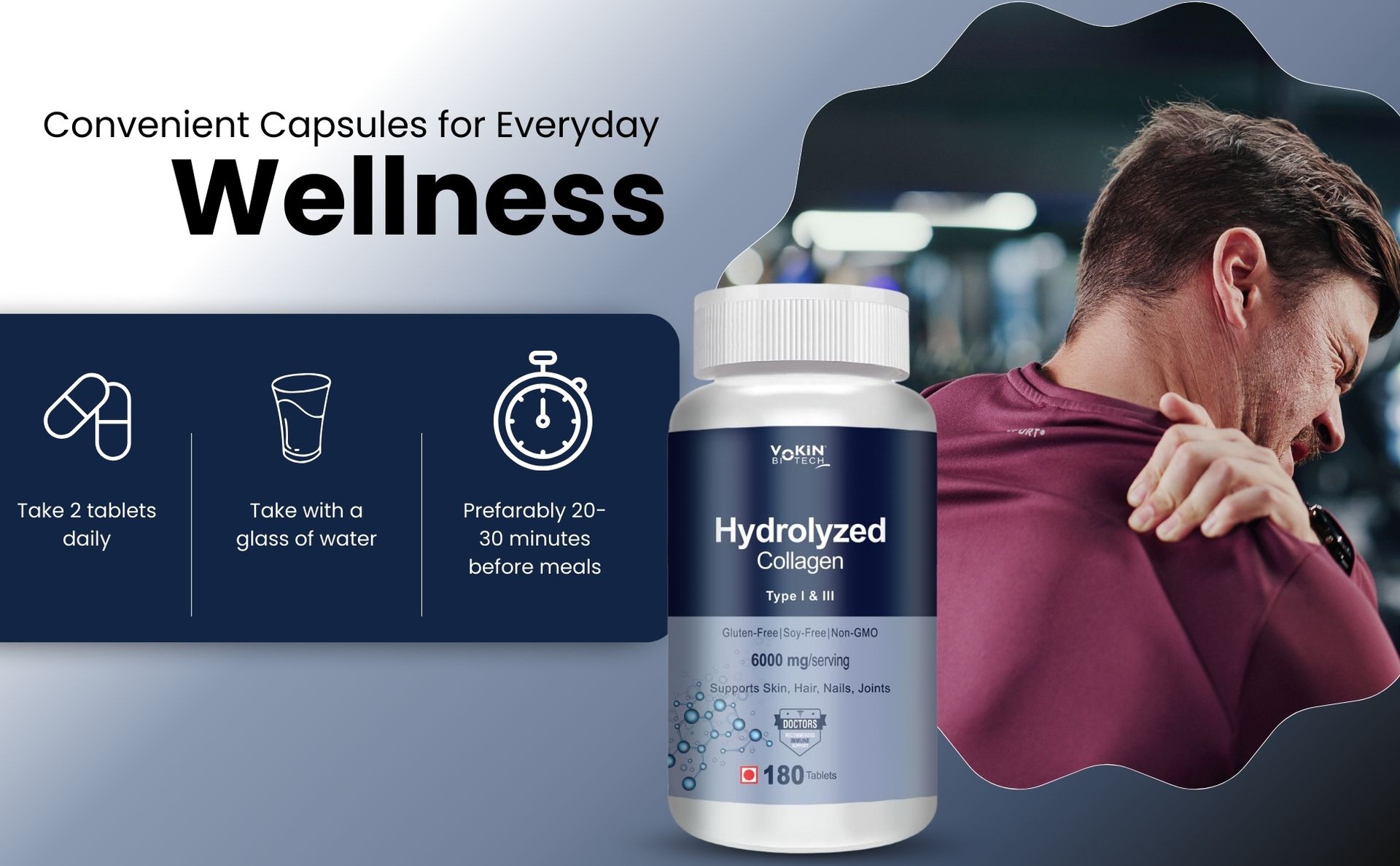 Vokin Biotech Hydrolyzed Collagen Peptides 6000 Mg With Type 1 & 3 Supports Skin,Hair,Nails & Joints (180 Tablets),1 Count