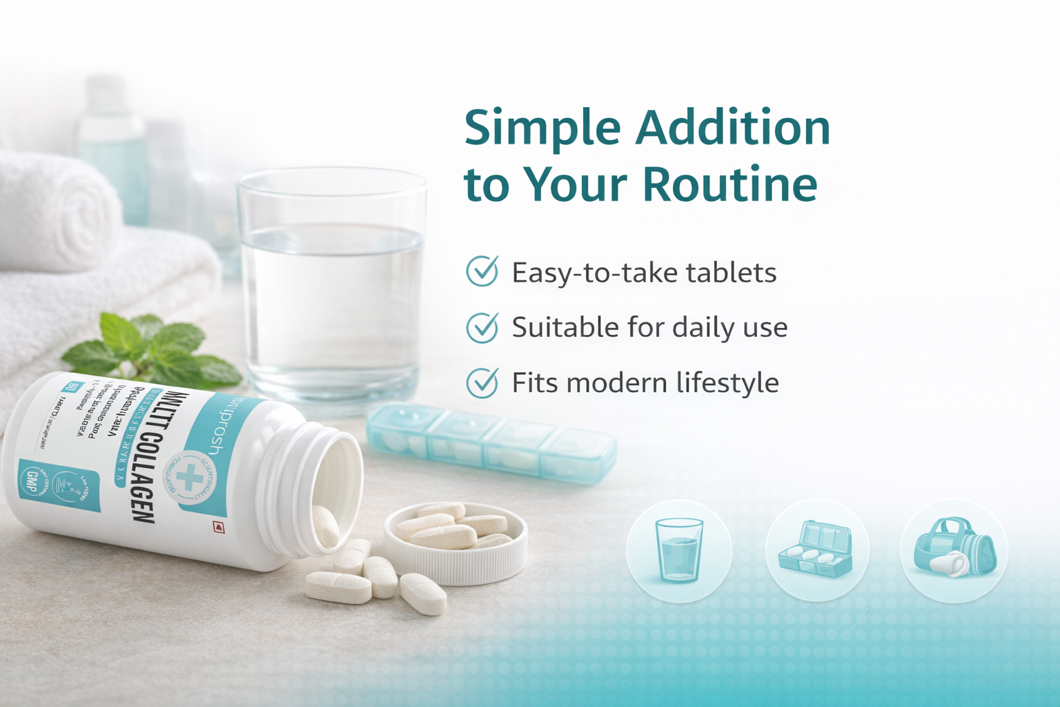 Multi Collagen Supplements for Glowing skin - Hydrolyzed Peptides (Type I, II, III, V, X) for Skin, Hair, and Joint Health 60 Tablets (Collagen)