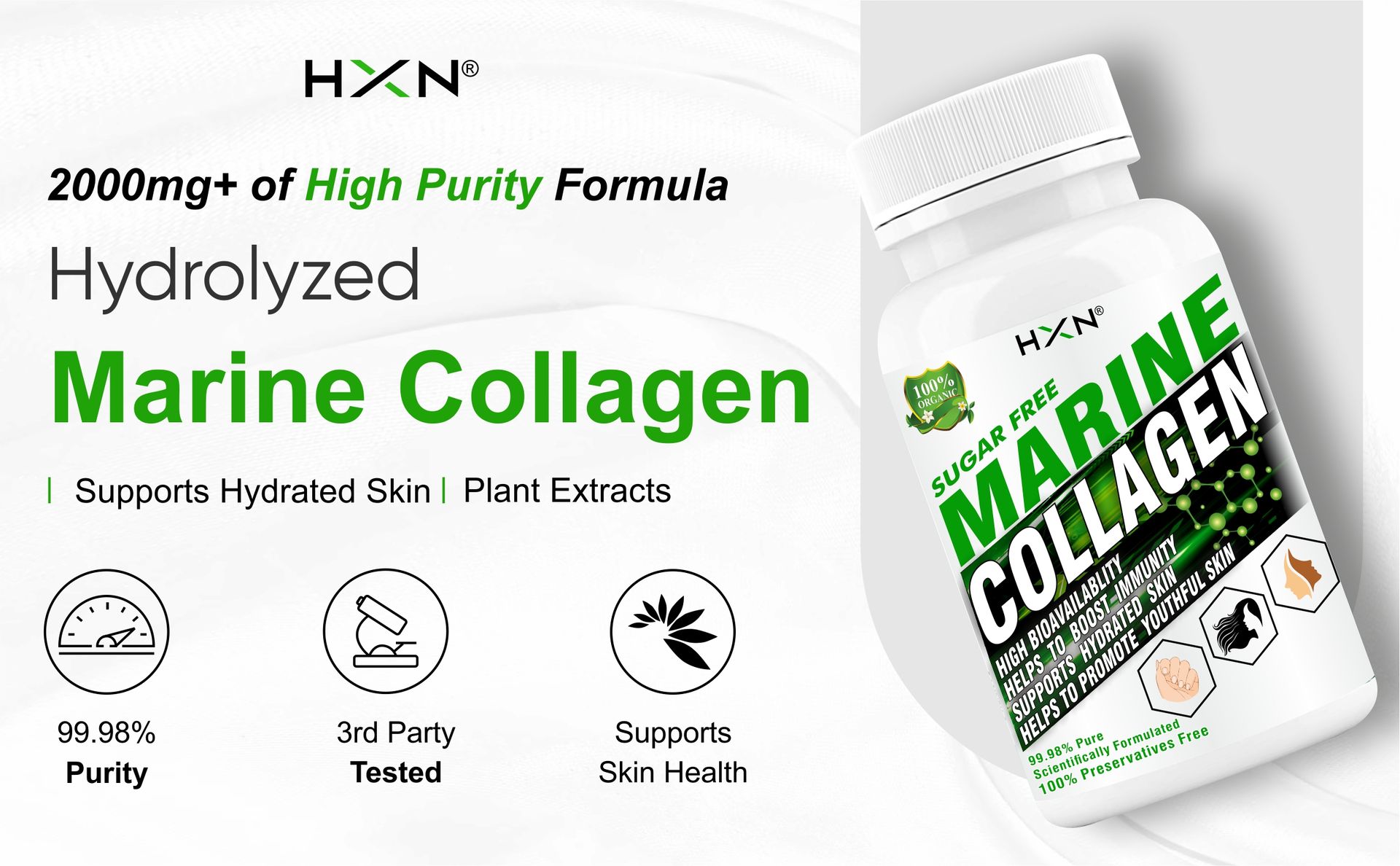HXN Marine Collagen Peptides | Hydrolyzed Type 1 & 2 Protein for Skin Hair Nails | 99.98% Collagen Powder Supplement | Women -60 Tablets
