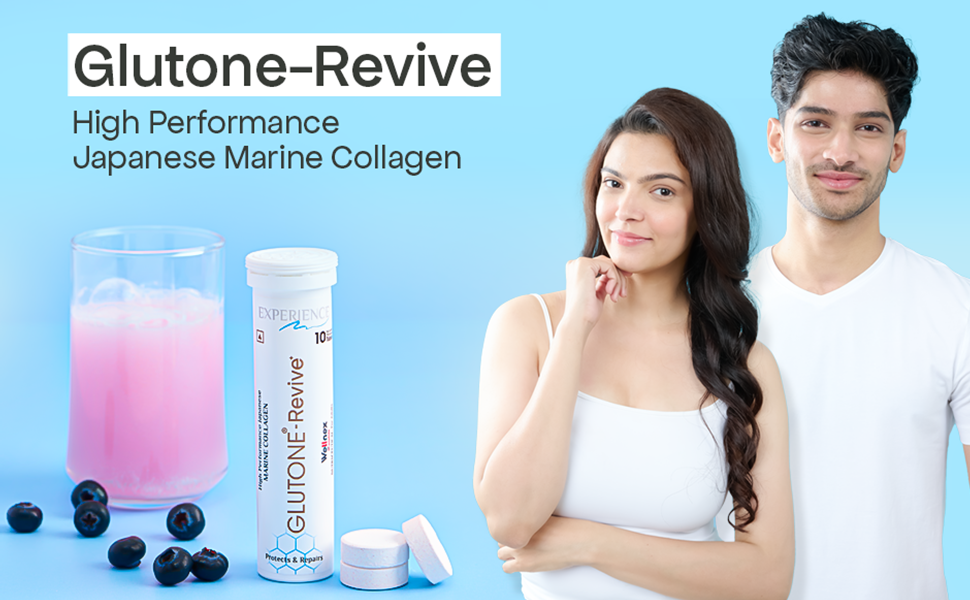 Glutone-Revive Effervescent Collagen Tablets – 2500 mg Wellnex Di-Peptide Marine Collagen|Supports Skin Hydration, Elasticity, Smooth Texture | For Men & Women | 10 Blueberry Flavour Tablets