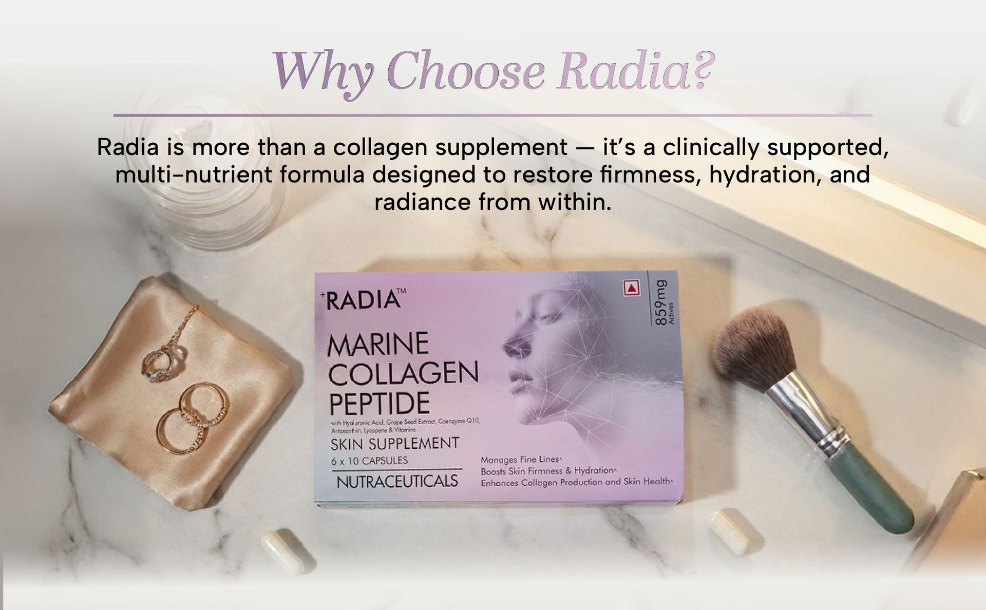 Radia Marine Collagen Peptide Capsules | Type I & III Hydrolysed Marine Collagen | Skin, Hair & Nail Wellness Support | 60 Capsules | Excelgenics