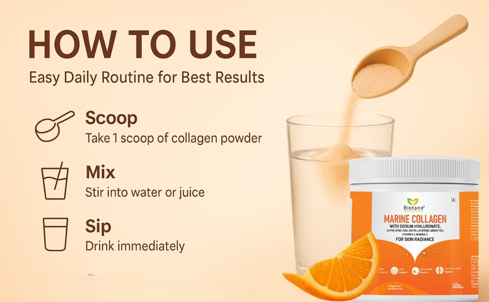 Biotane Marine Collagen Powder | Manufactured in Technical Collaboration with Vitane Pharma USA I Skin Radiance, Anti-Aging, Bone and Joint Support | Orange Flavour (200 gm Pack)