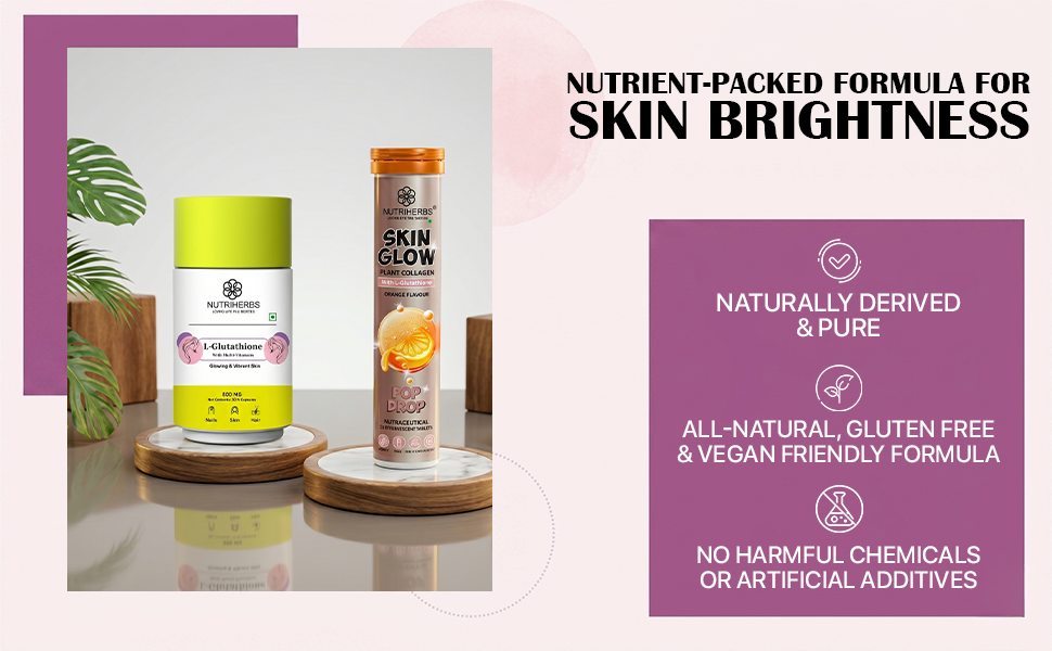 NUTRiHERBS L-Glutathione & Skin Glow Combo – 30 Capsules & 30 Effervescent Tablets | Plant-Based Collagen Booster Supplement with Vitamin C, E & Biotin | Support Skin Brightening, Anti-Aging & Hair Support