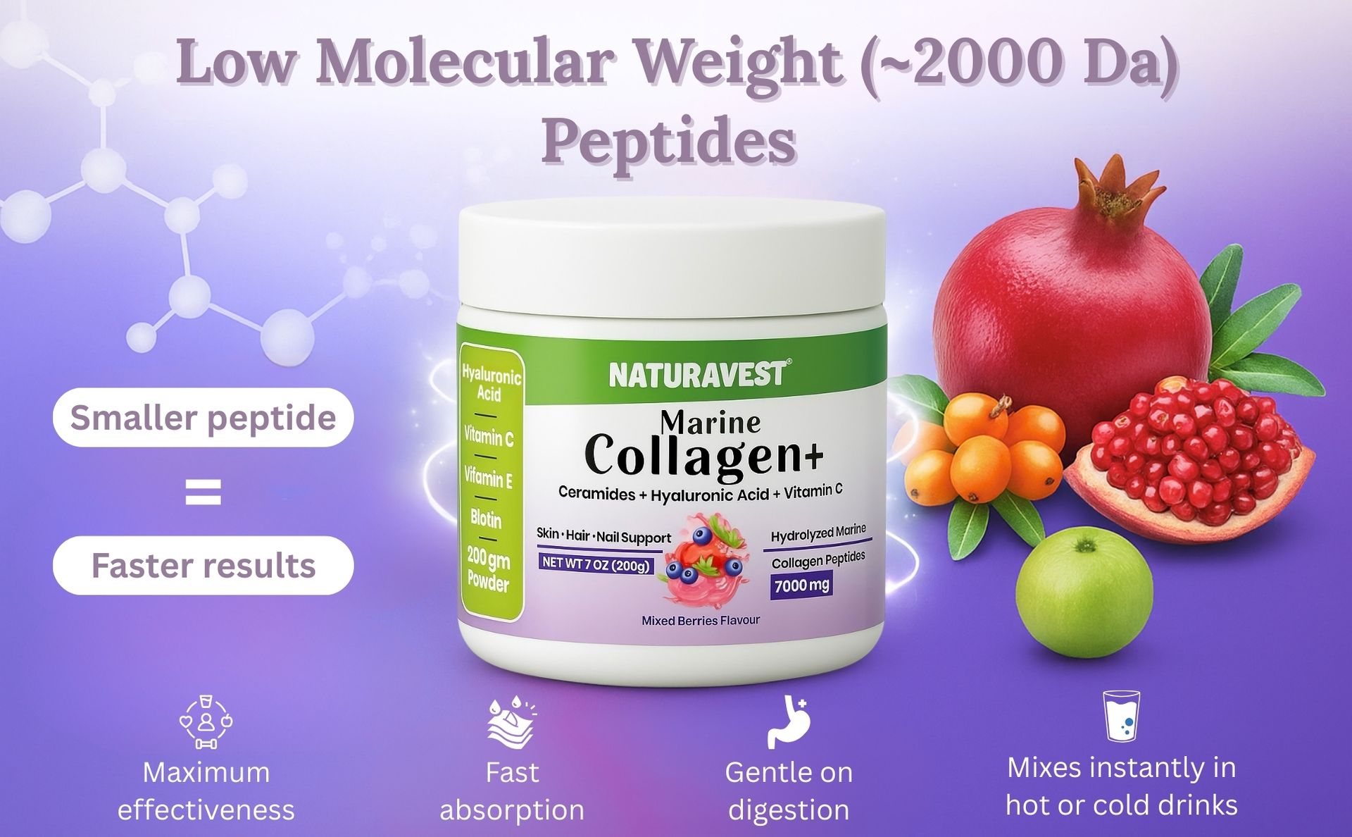 Hydrolysed Marine Peptide Collagen Supplements 7000mg, Powder with Ceramide, Superfruit Extract, Vitamin C, Biotin, Hyaluronic Acid for Healthy Skin, Hair & Nails - Type 1 & 3 Premium Collagens - 200g
