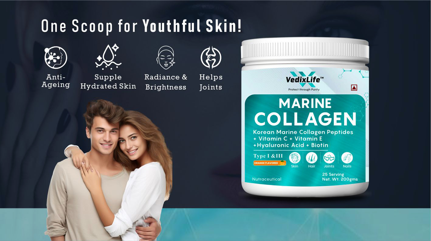 Marine Collagen Powder with Hyaluronic Acid, Vitamin C & E, Biotin | Supports Healthy Skin, Hair, Nails, Bone & Joint | Orange Flavour | count,25 servings (Pack Of 1)