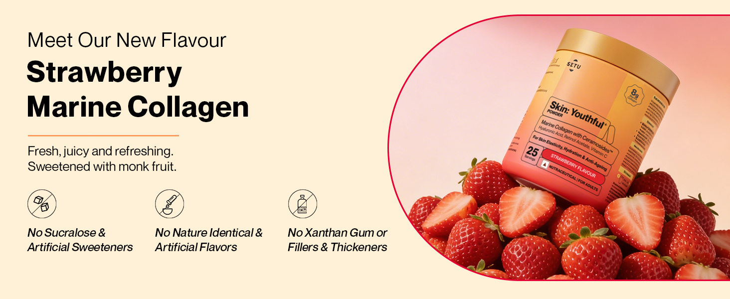 Setu Skin: Youthful | Upgraded 8g Marine Collagen + Ceramosides™ | 4X Faster Hydration | Reduces Fine Lines & Wrinkles | Monk Fruit Sweetened (250gm, Strawberry)