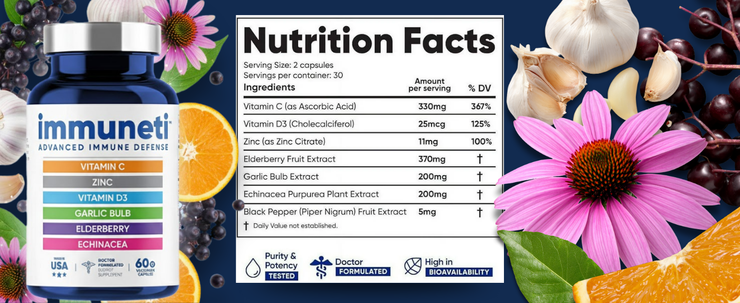 Immuneti Advanced Immune Support – Doctor Formulated 6-in-1 Daily Immunity Supplement – Made in USA – With Vitamin C, D3, Zinc, Elderberry, Garlic & Echinacea - Vital Nutrients & Antioxidants (1)