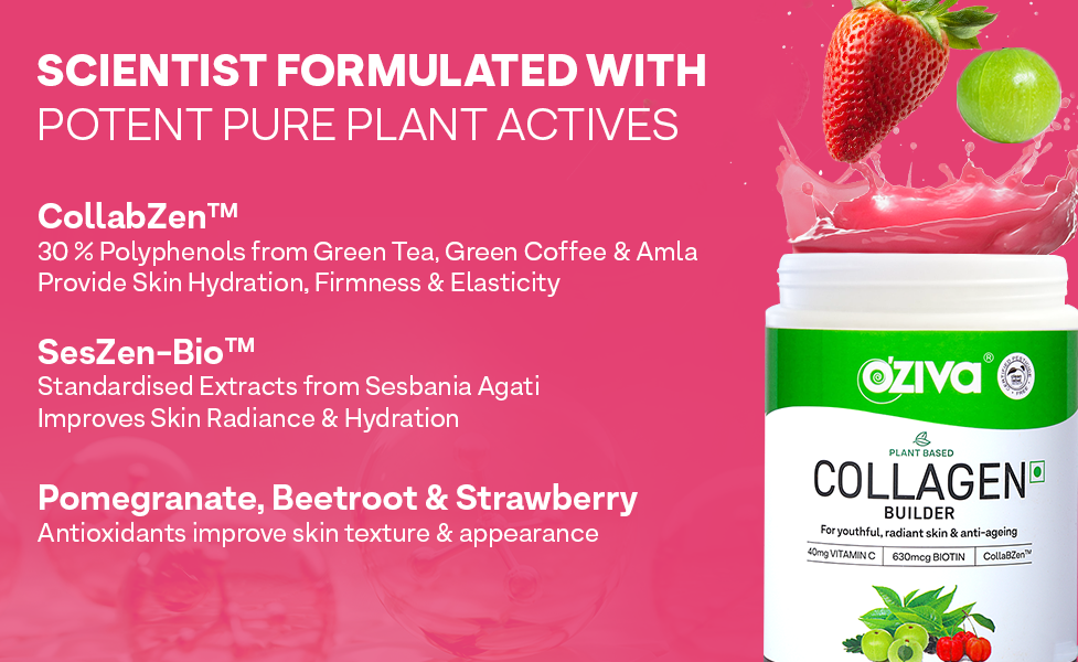 OZiva Plant Based Collagen Builder for Glowing & Youthful Skin | Collagen Powder for Women & Men | With Biotin, Silica & Vitamin C (Collagen Berry Orange + Biotin Xtra)
