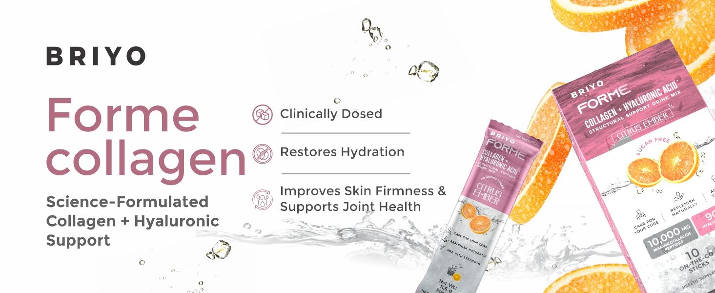 Briyo Forme Collagen + Hyaluronic Acid | 10 Sachets 10g Hydrolyzed Marine Collagen with 60mg Hyaluronic Acid | Orange Flavored Daily Drink Mix for Skin Hydration, Joint Support, Anti-Aging & Bone Strength | No Sugar