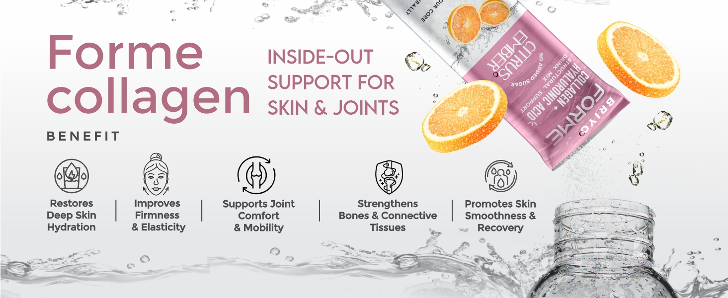 Briyo Forme Collagen + Hyaluronic Acid | 10 Sachets 10g Hydrolyzed Marine Collagen with 60mg Hyaluronic Acid | Orange Flavored Daily Drink Mix for Skin Hydration, Joint Support, Anti-Aging & Bone Strength | No Sugar