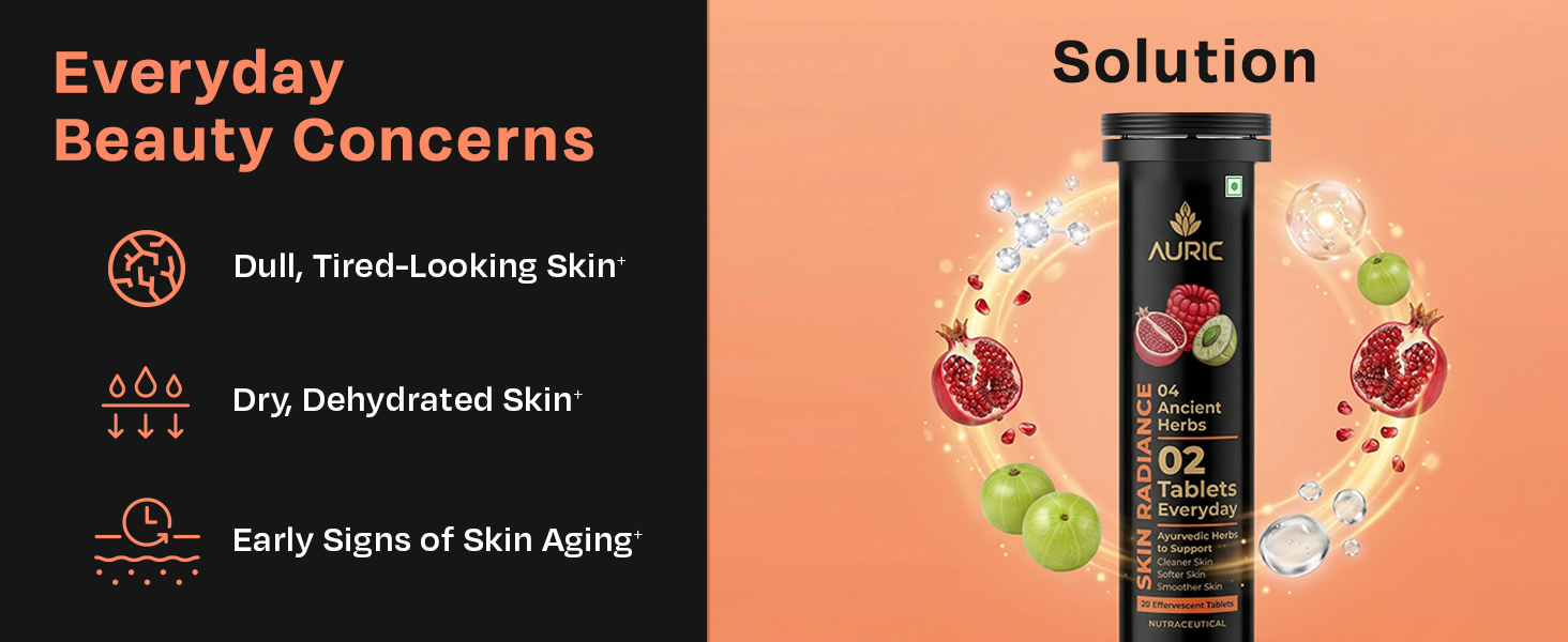 Auric Skin Radiance Glutathione Effervescent 80 Tablets for Skin | With Biotin, Amla, Pomegranate & Grape Seed Extract | Mixed Berries Flavour | Shine 365