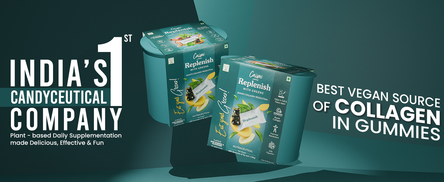 Replenish with Greens | Collagen Supplement for Skin, Hair & Joints | Caim by årelang | Vegan, Plant-Based, Sugar-Free | Made with 100% Apple Juice Concentrate| 60 Gummies | 180g