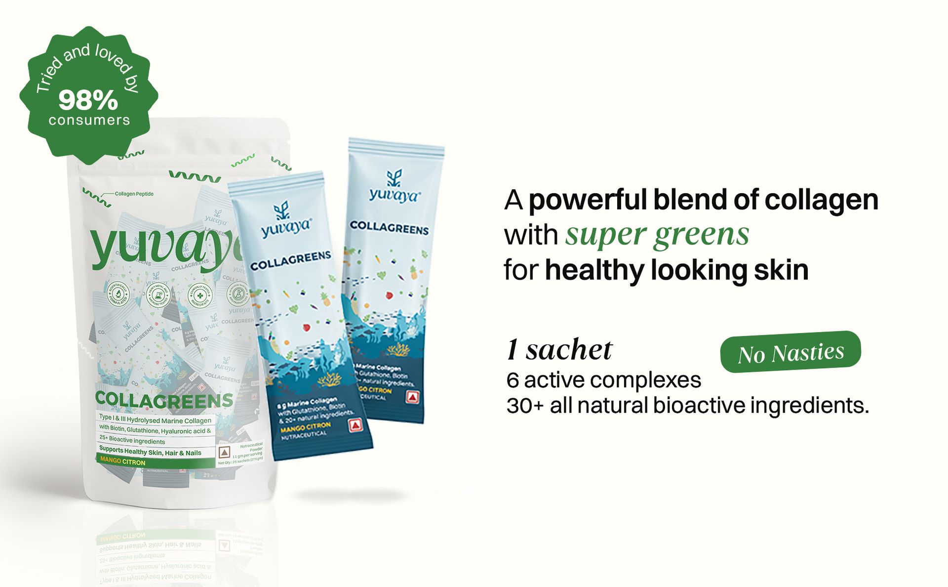 Collagreens | Advanced Hydrolysed Marine Collagen Blend with 36 bioactives for Men and Women | 25 sachets | Glutathione, Amla, Moringa, Biotin, & more | 100% Natural | No fishy taste and smell