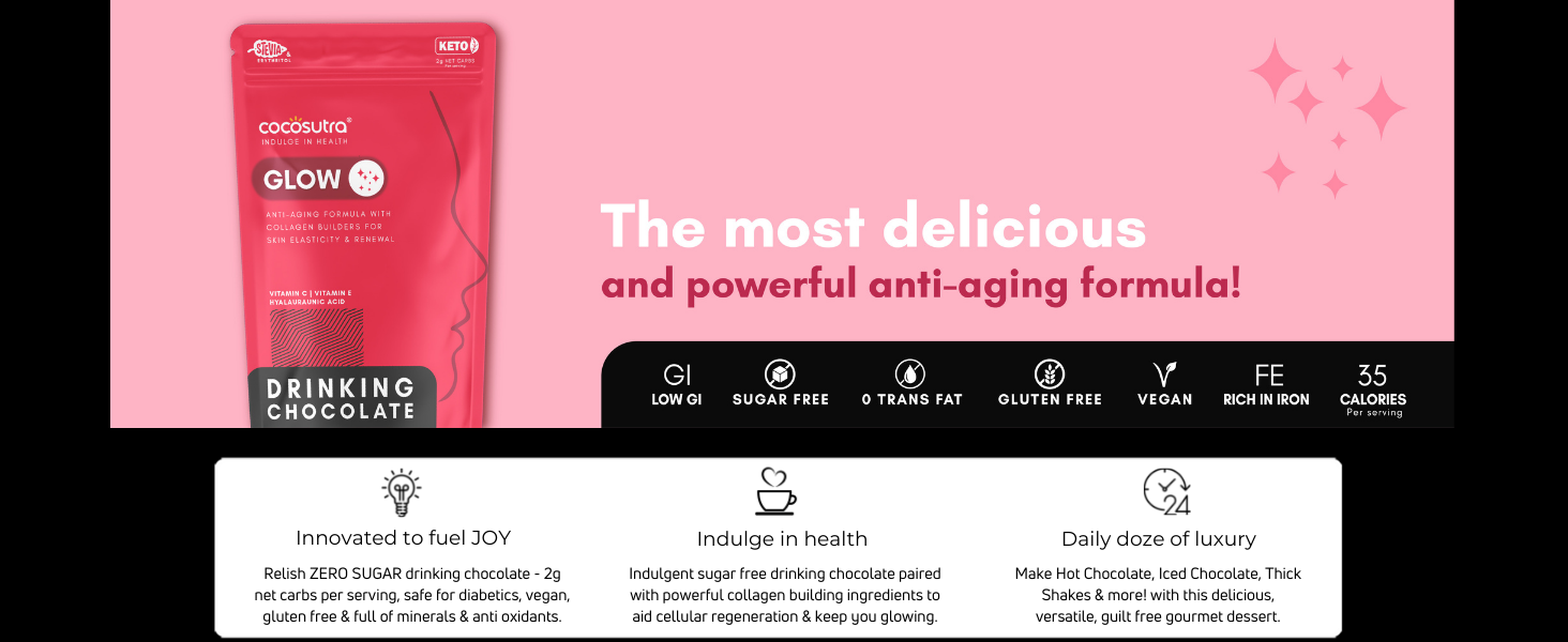 Cocosutra GLOW Sugar Free Drinking Chocolate Mix, Trial Pack | Keto Friendly Chocolate Drink | Supports Skin Elasticity & Renewal | 200g