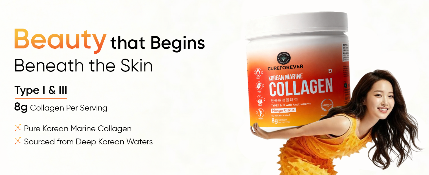 CUREFOREVER Marine Collagen Powder for Women & Men | Hydrolyzed Type I & III Collagen Peptides for Skin Glow, Hair Growth, Nails & Joints Support | Beauty & Anti-Aging Formula, Mango Citrus Flavour, 25 Servings